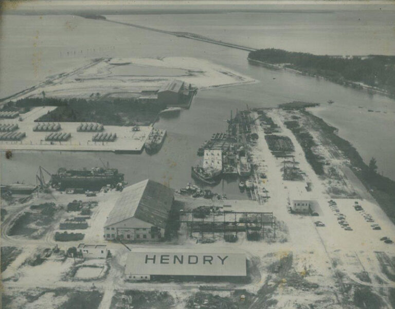 Vintage black and white image of Hendry Corp at Westshore property, south of the Gandy Bridge in Rattlesnake Point, Tampa, FL, capturing the historic roots of Hendry Marine Industries.